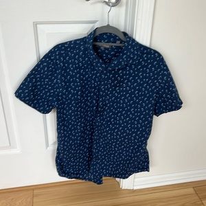 Men’s large slate and stone palm tree short sleeve button down shirt blue